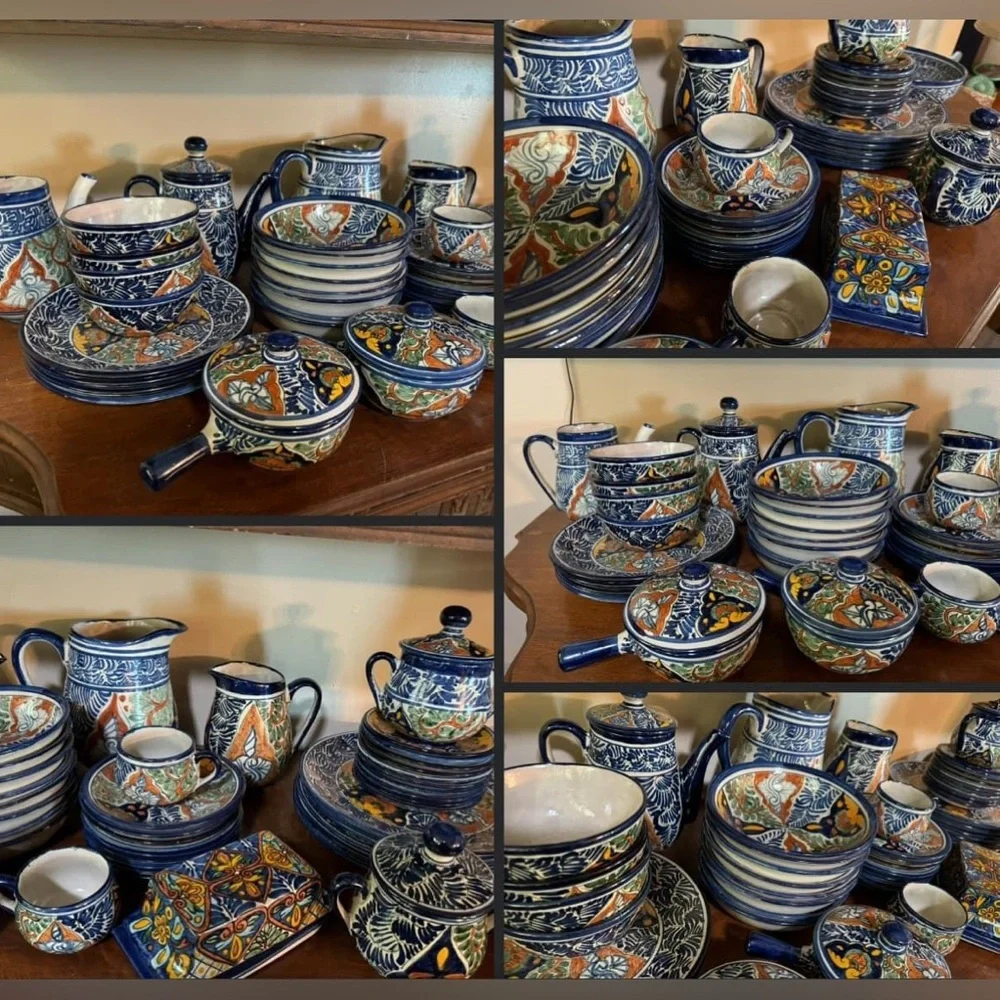 Vintage 70s Mexican Talavera by Vazquez Teapot Teacup and Saucer and Sugar Set